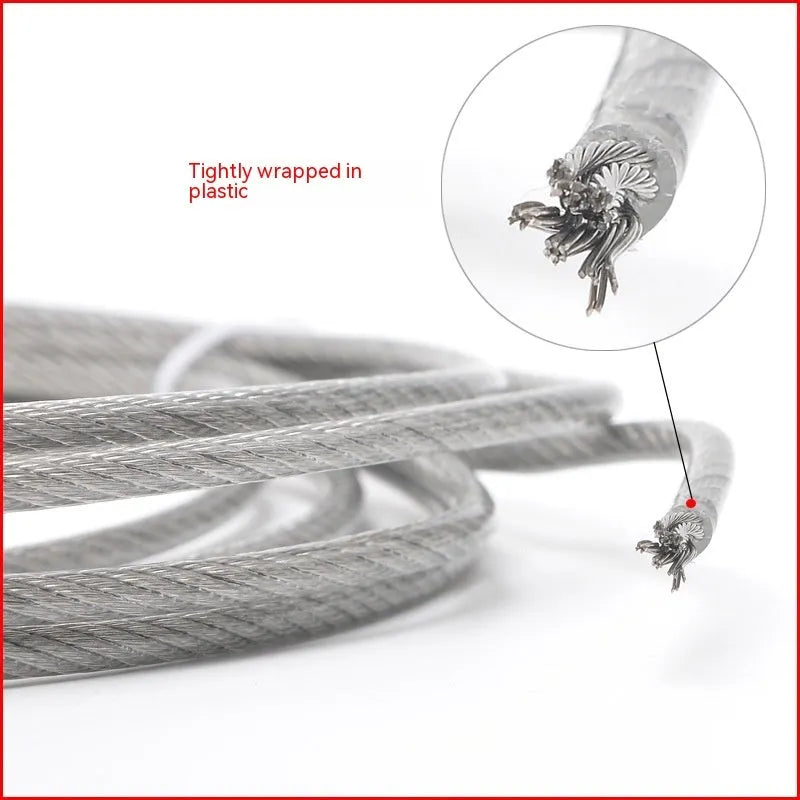 Coiled 304 stainless steel security wire rope with a coated finish on a white background.