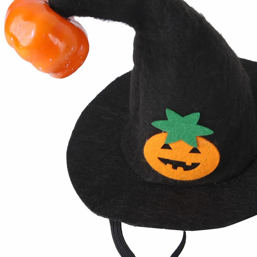 Cloth pet cat Halloween hat with embossed pumpkin design on feline head