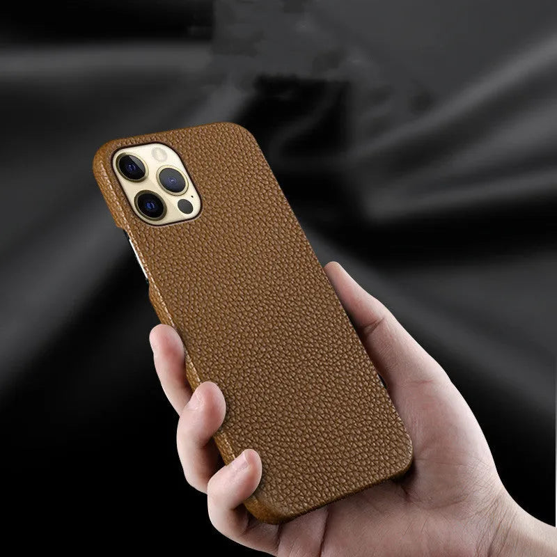 Genuine leather protective case for iPhone shown in beige colour.