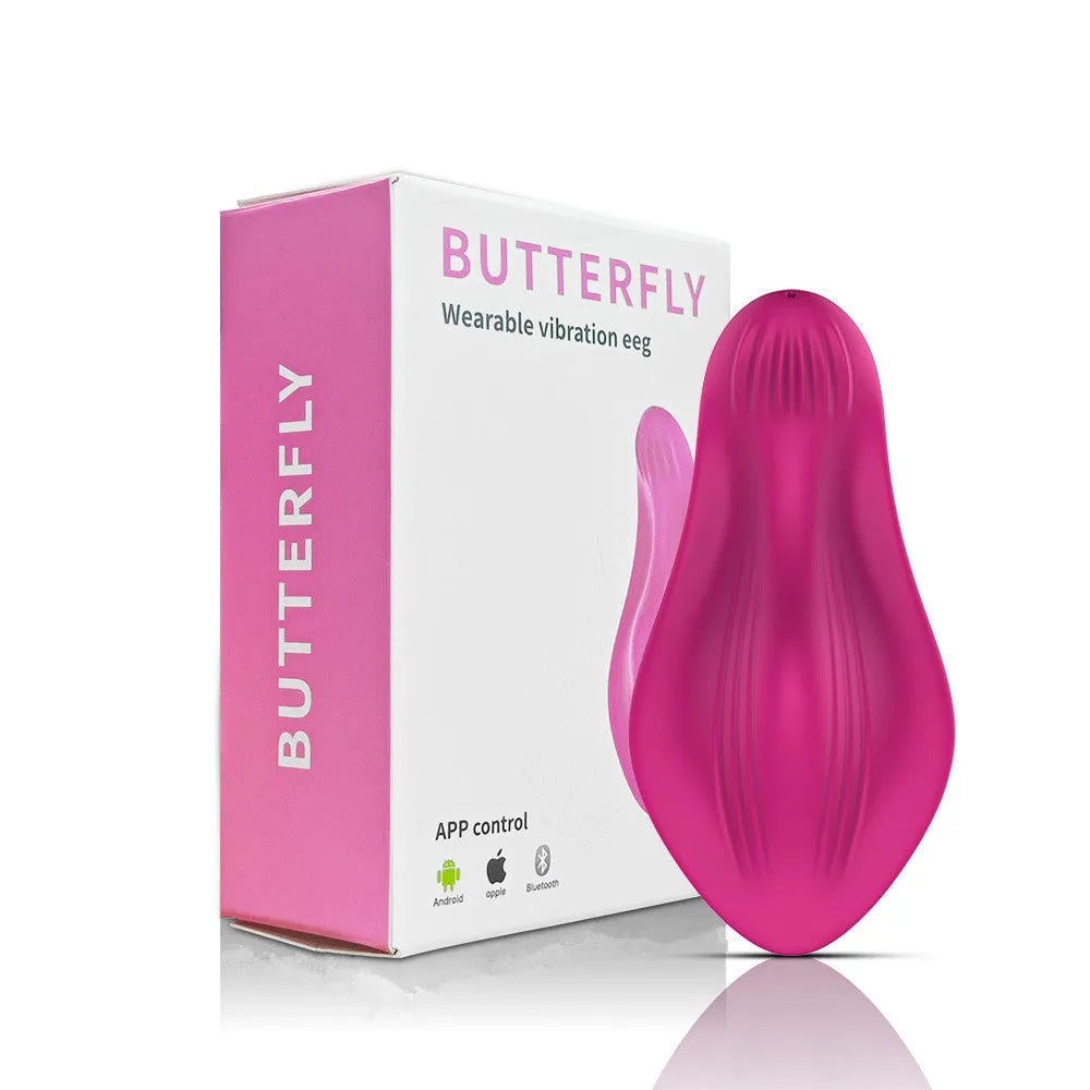 Rose red silicone butterfly vibrator with wearable design and smartphone app remote control