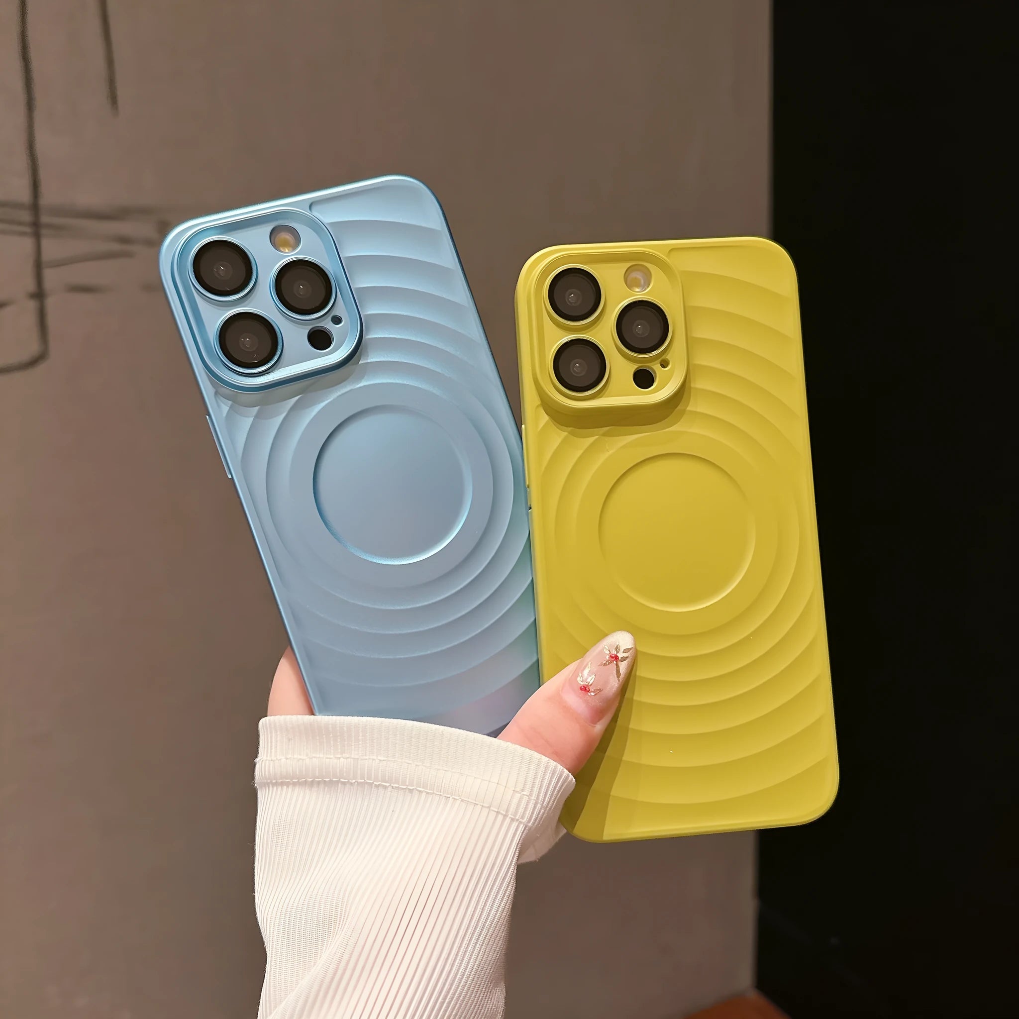 Oil injection magnetic drop-resistant protective cover with frosted PC lens glass for iPhone, showing back of case.