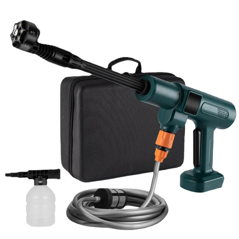 Cordless brushless water gun with stainless steel gun head, 18V, 25m spray distance, for car washing and landscaping.
