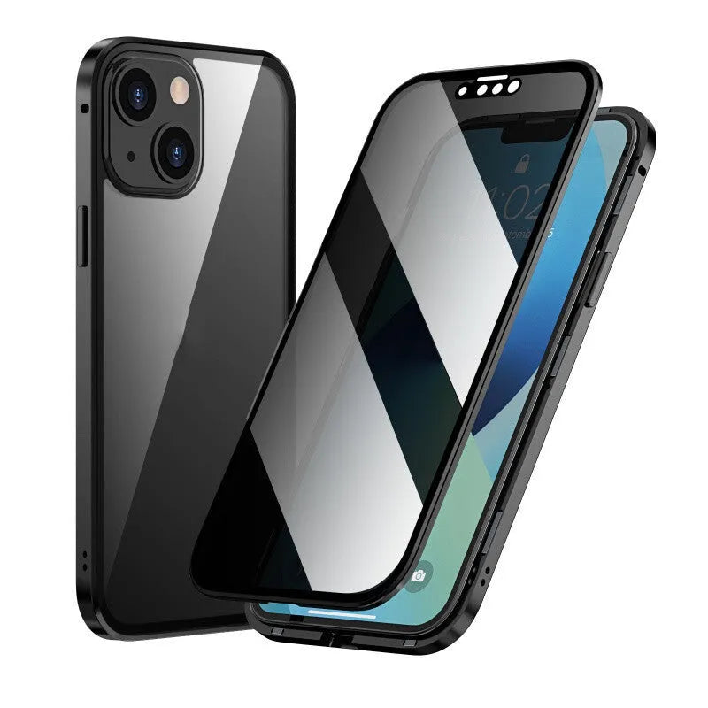 Black magneto double sided metal phone case for iPhone models on a flat surface.