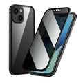 Black magneto double sided metal phone case for iPhone models on a flat surface.