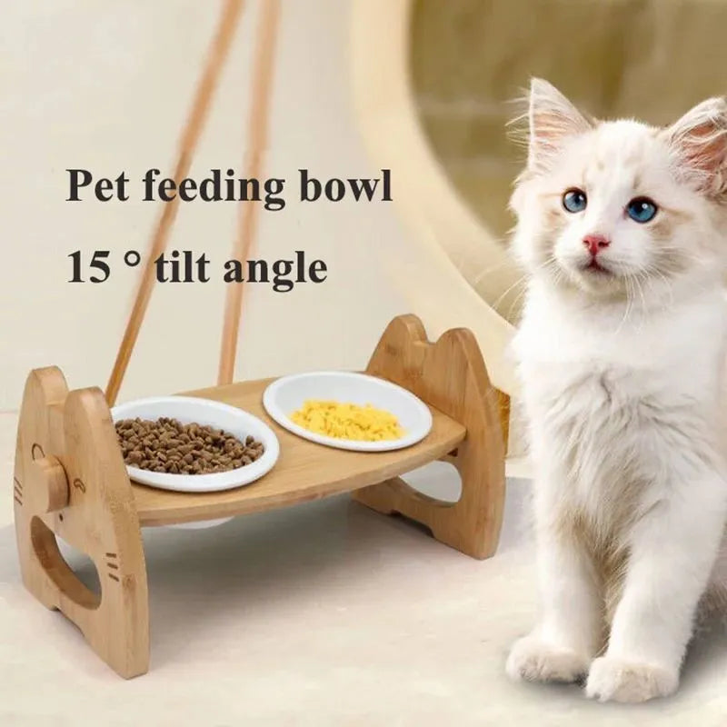 Ceramic double bowl pet feeder on bamboo stand, height adjustable, original wood colour, non-slip base