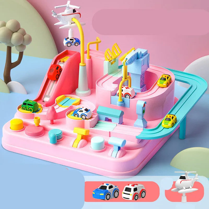 Adventure parking lot plastic toy car track set with manual remote control handle