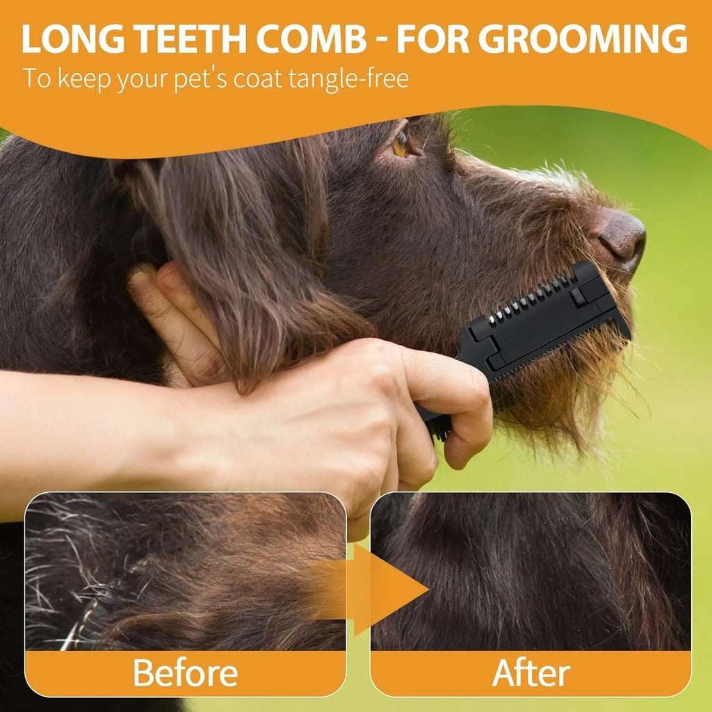 Pet razor comb and brush tool for dogs and cats with spare blades on a white background.