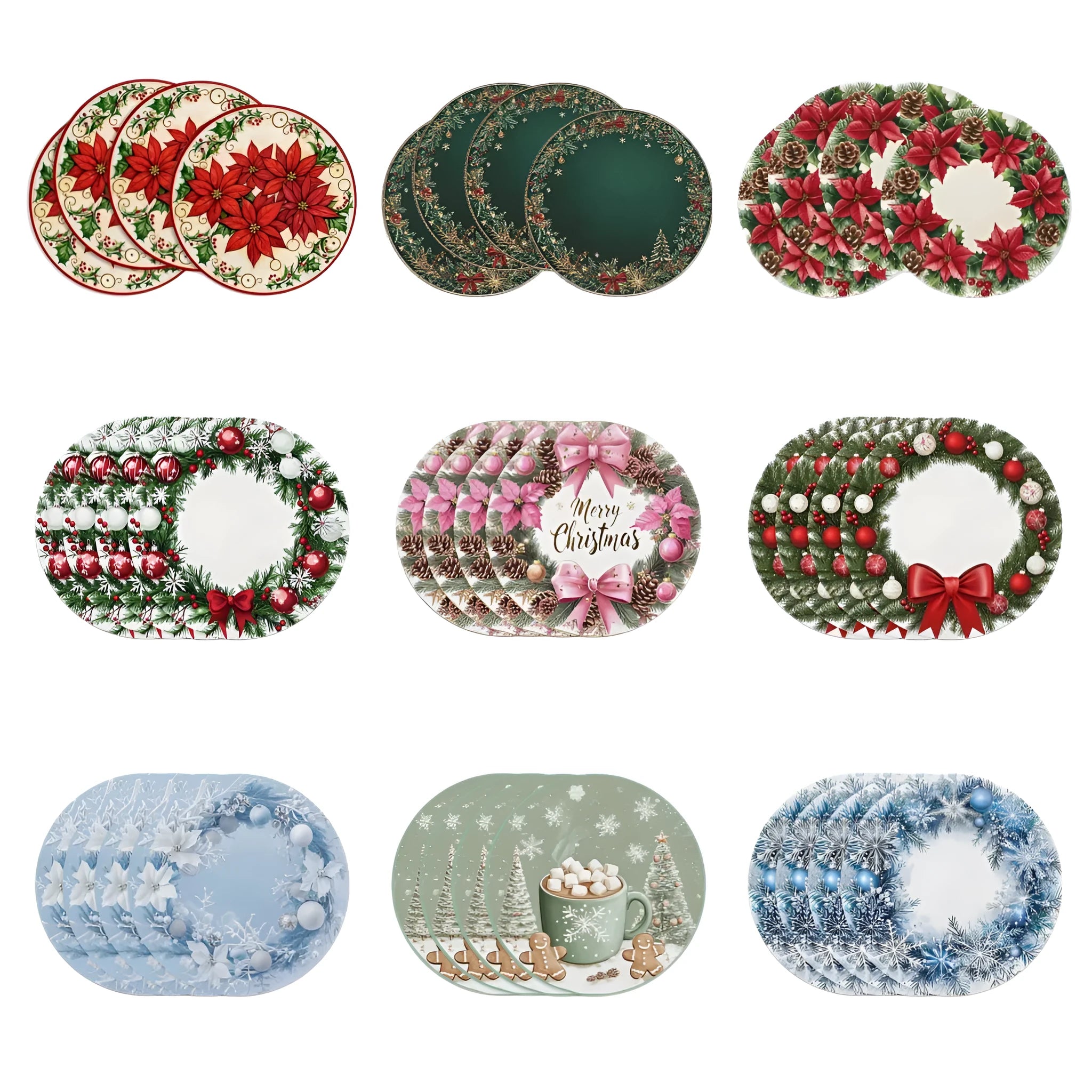 Round Christmas placemat with garland bow, holly, and snowflake pattern on linen fabric, 38cm diameter