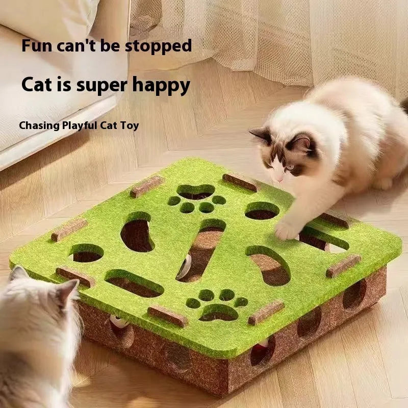 Green brown felt cat toy box with holes and detachable felt mice for hide-and-seek play.