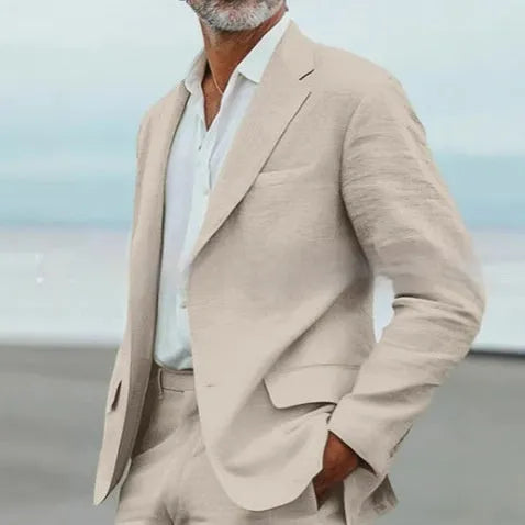 Men's linen blend two-piece suit in beige slim fit jacket and trousers