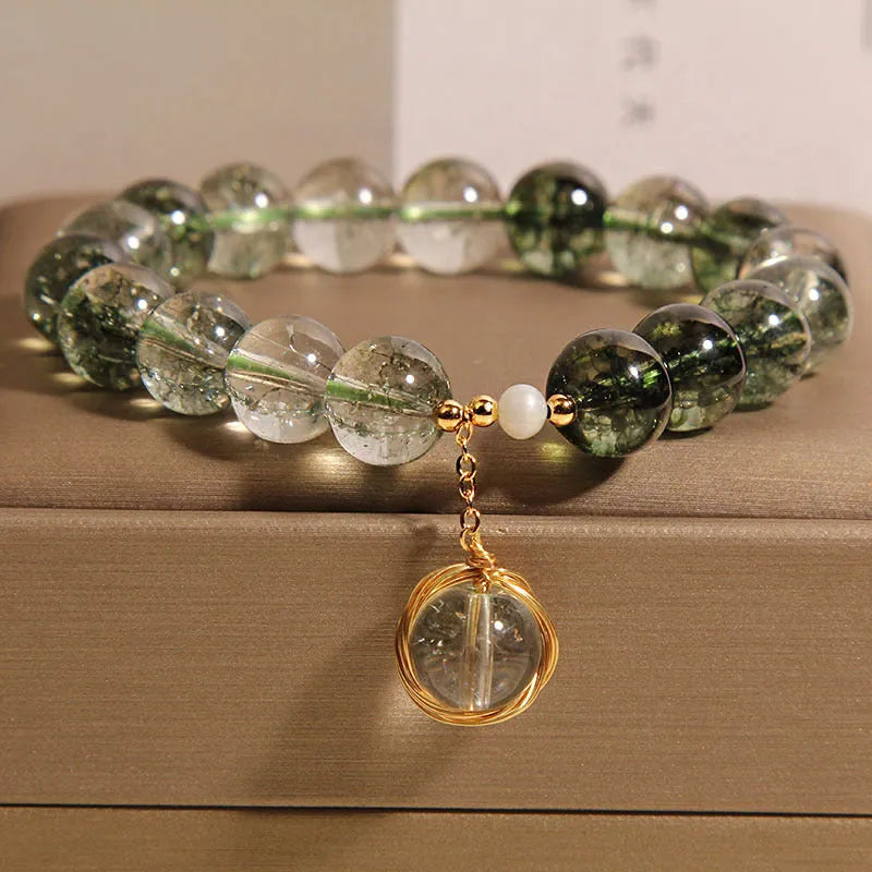 Natural chorite crystal bracelet with green phantom quartz beads in Japanese Korean style