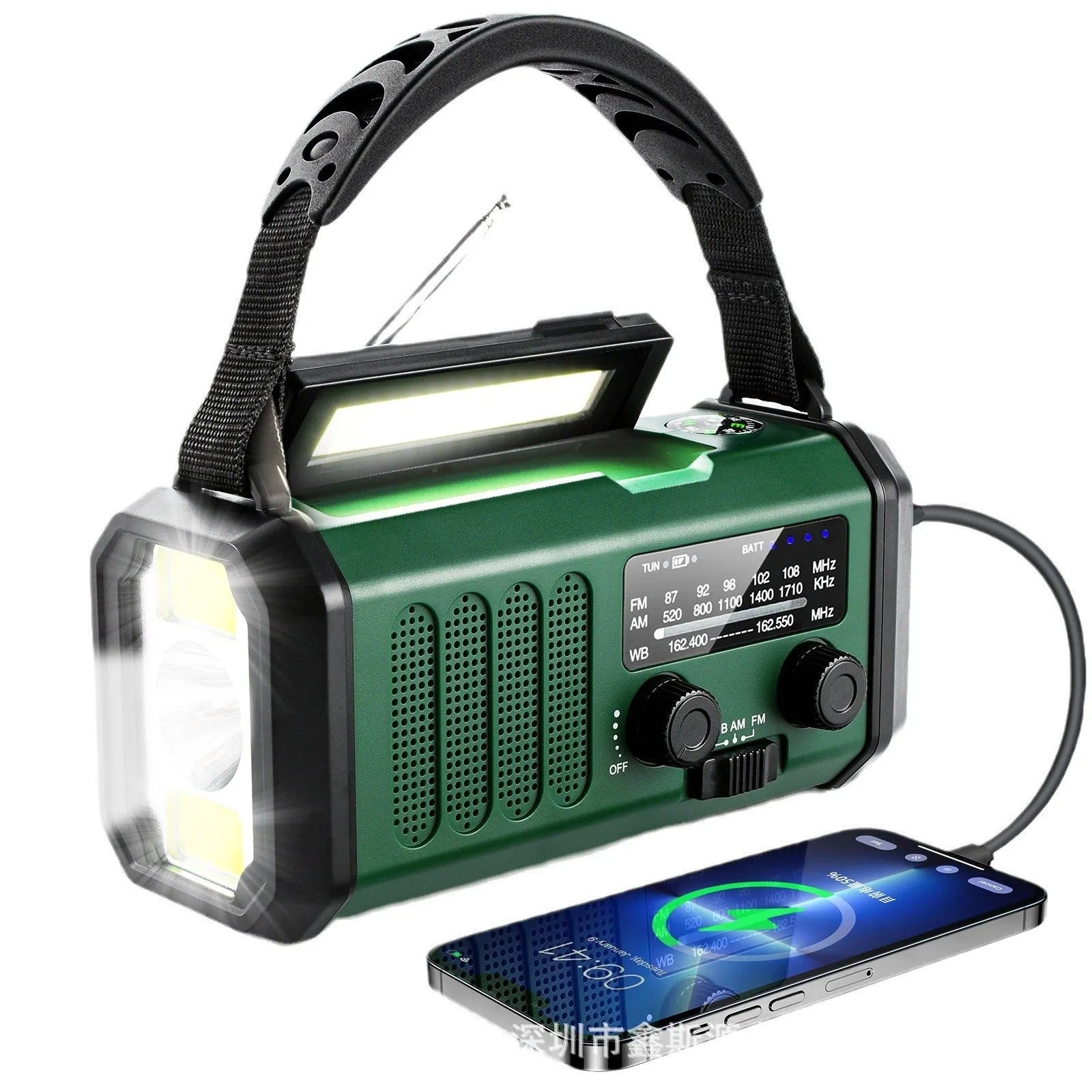 Outdoor emergency solar charging flashlight radio with ABS housing, 16x6x8.5cm, in army green, showing front panel with screen and speaker