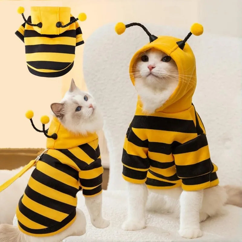 Yellow and black bee antenna hoodie for dogs and cats with flexible hat antennae and soft flannel lining