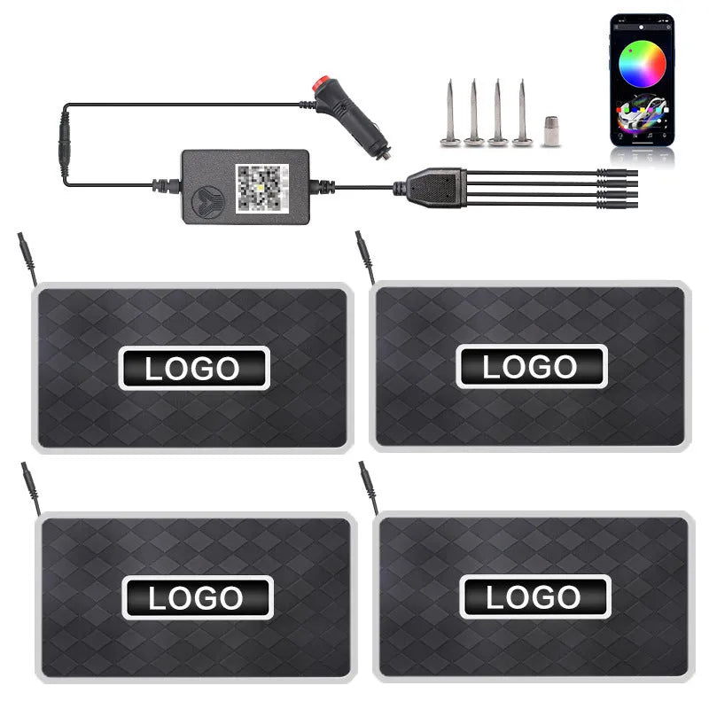 Car foot mat ambient light LED with diamond style faceplate, RGB colour modes, and Bluetooth control installed in vehicle footwell