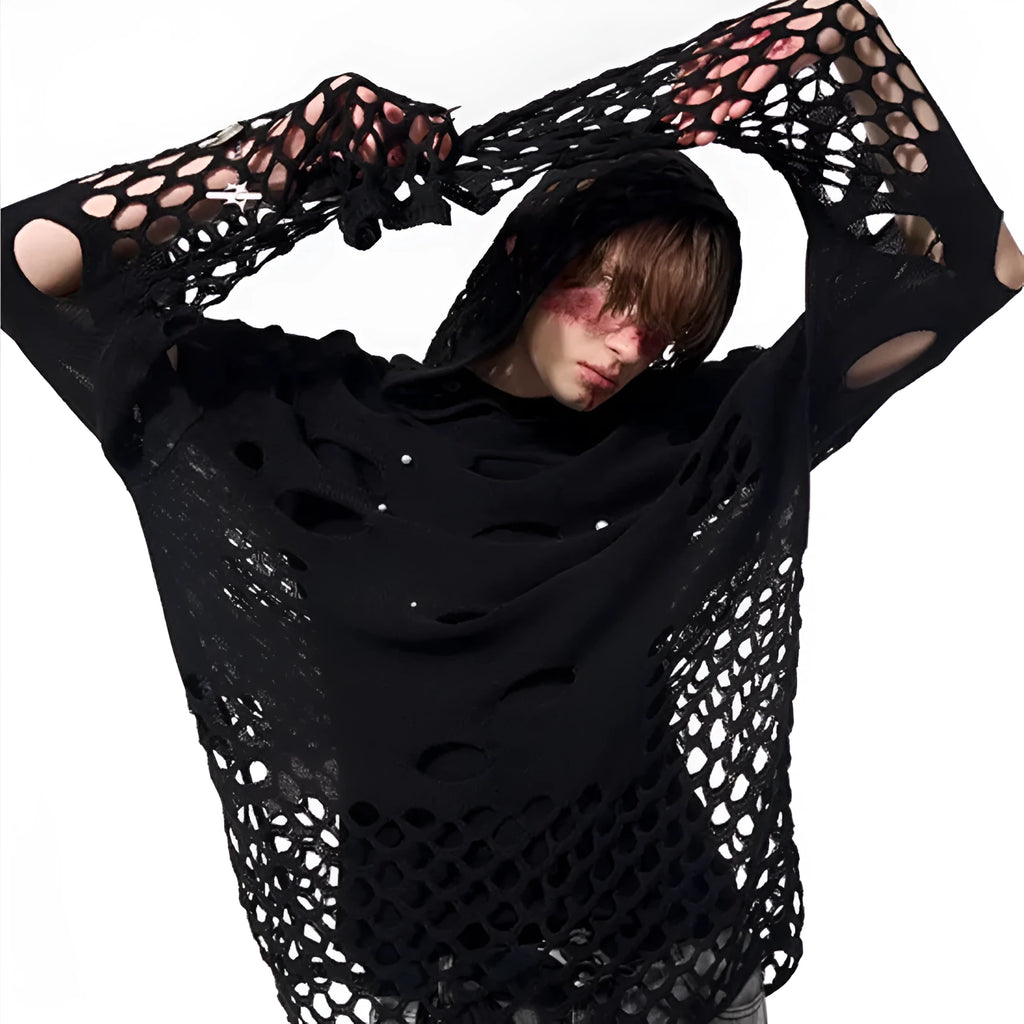 Men's black hoodie with pearl decoration and hooded collar in loose fit for spring