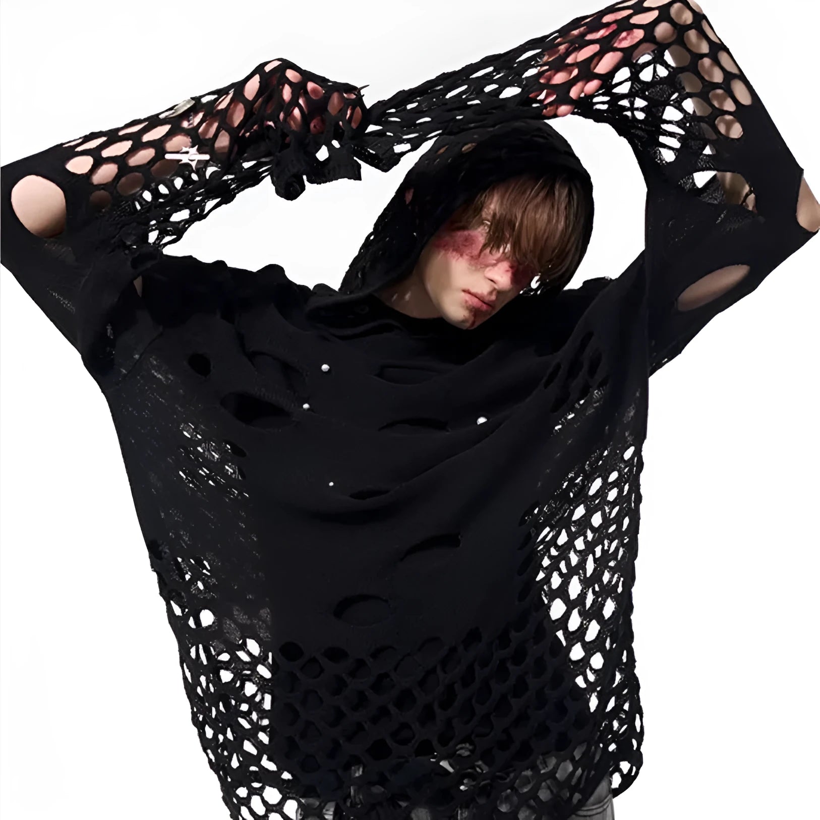 Men's black hoodie with pearl decoration and hooded collar in loose fit for spring