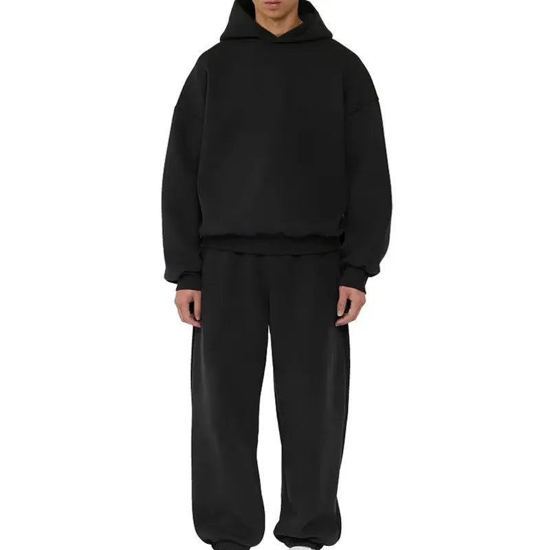 Men's solid colour fleece-lined cotton hoodie pullover shown in black, blue, grey, or red.