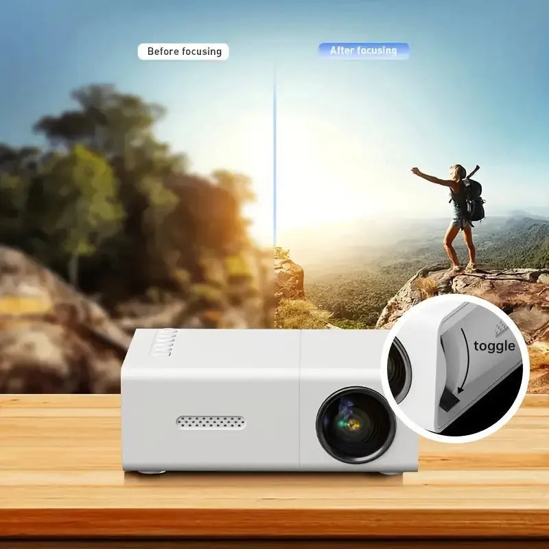 Black and white M100 mini portable LED home projector with remote control on a table.