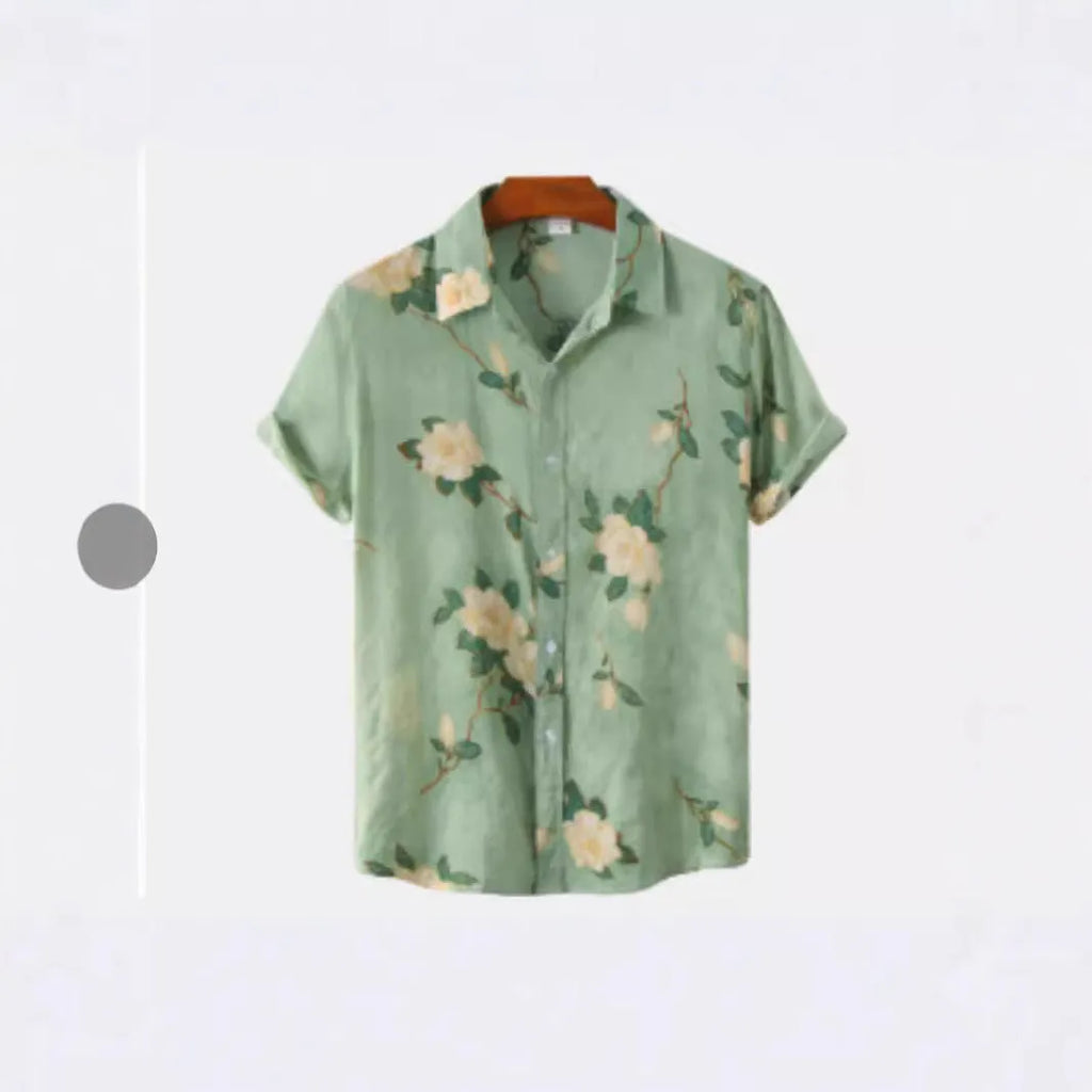 Hawaiian floral print lapel short sleeve shirt in elastic polyester fabric on a hanger