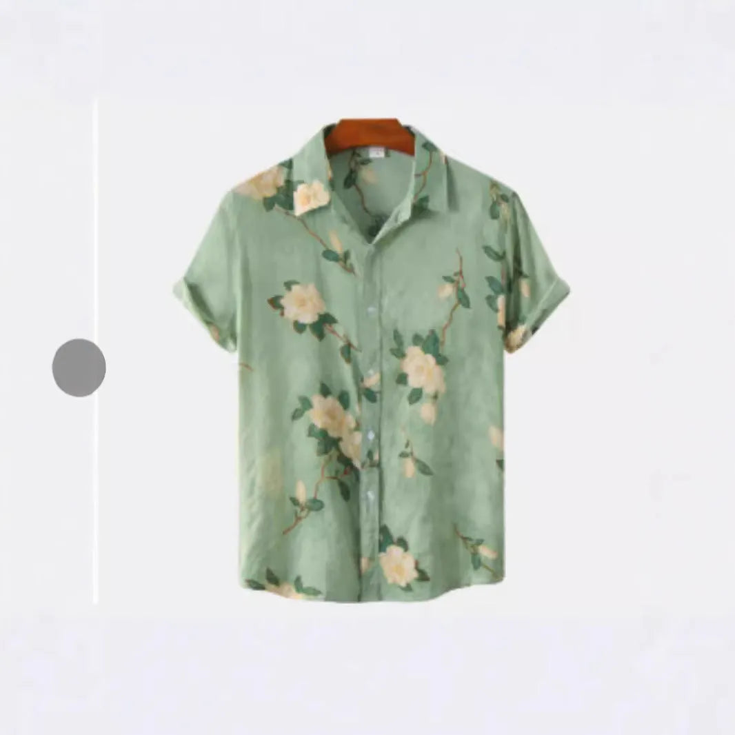 Hawaiian floral print lapel short sleeve shirt in elastic polyester fabric on a hanger