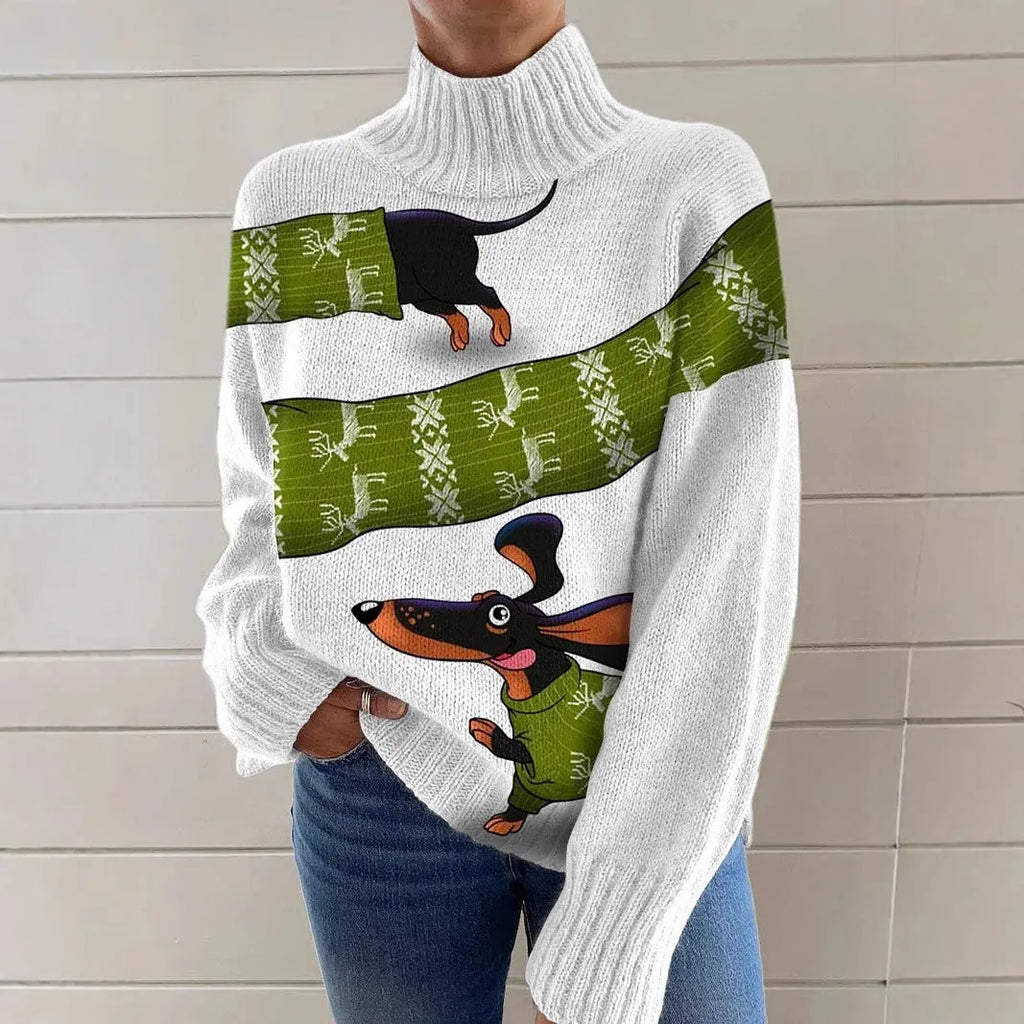 A woman wearing a loose-fit, macaron-coloured Christmas printed turtleneck sweater with long sleeves.