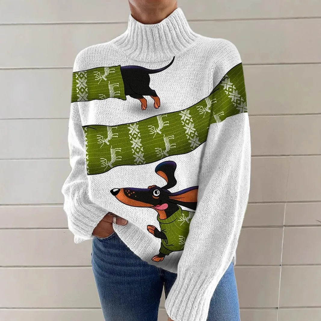A woman wearing a loose-fit, macaron-coloured Christmas printed turtleneck sweater with long sleeves.