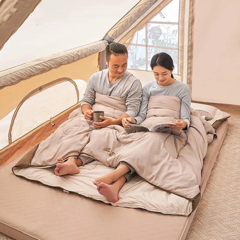 Double camping sleeping bag in coffee gray with thickened chemical fibre filling and envelope style, 210T polyester outer and washed cotton lining