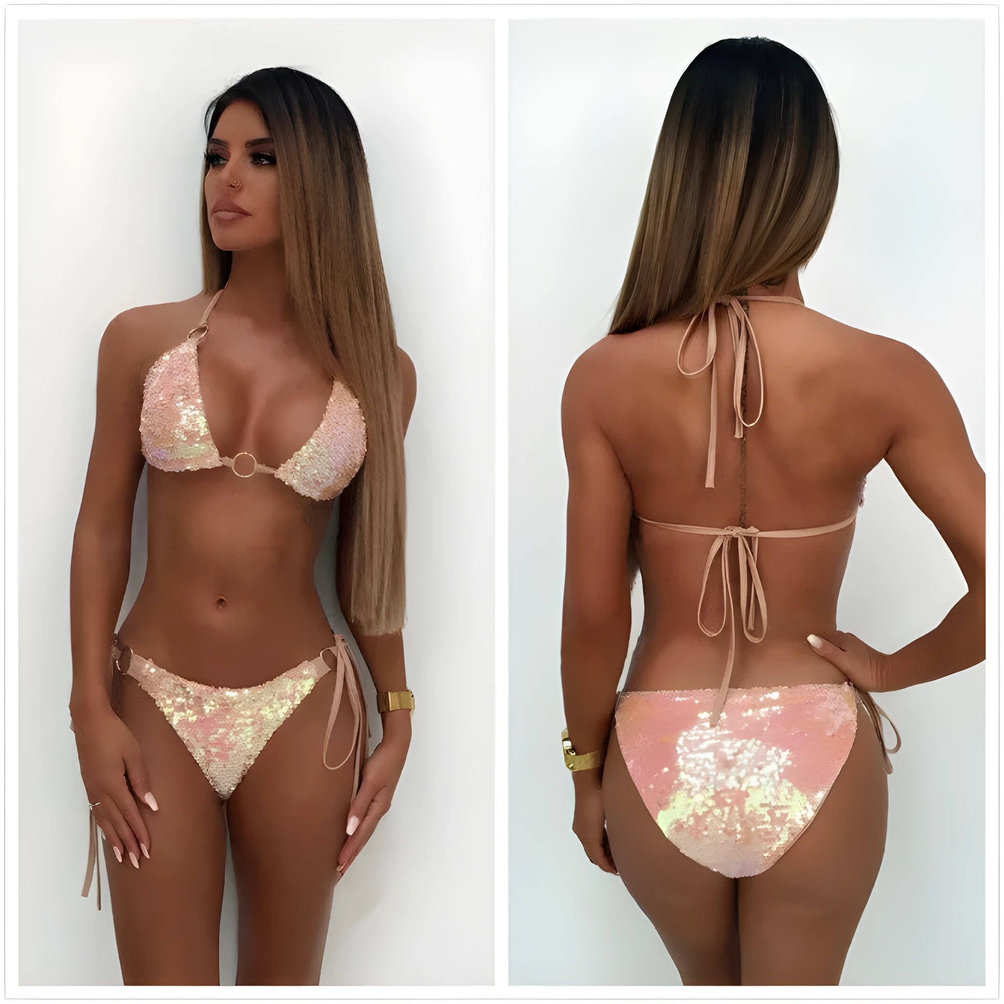Pink sequin color-changing lace-up bikini set for women split swimsuit top and briefs