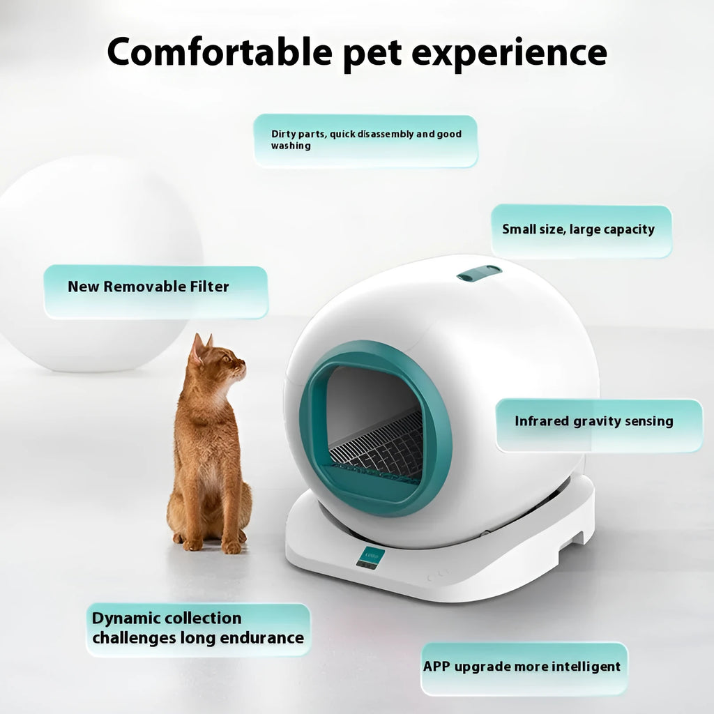 Double Deodorant Liberation Hands automatic self-cleaning cat litter box in ABS, 480 x 520 x 505 mm, with sealed waste compartment.