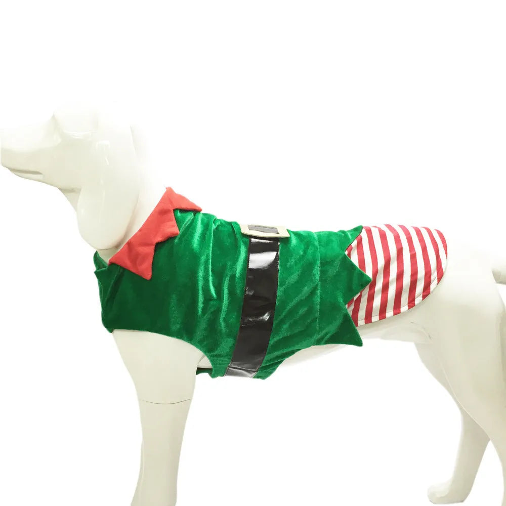 Green elf-style dog Christmas costume on a dog, made from cotton with saddle-shaped design and adjustable bust fastenings.