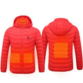 Men's heated puffer jacket in black with hood, electric heating for skiing, side view