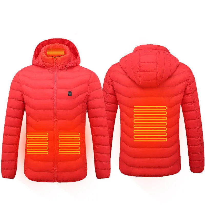 Men's heated puffer jacket in black with hood, electric heating for skiing, side view