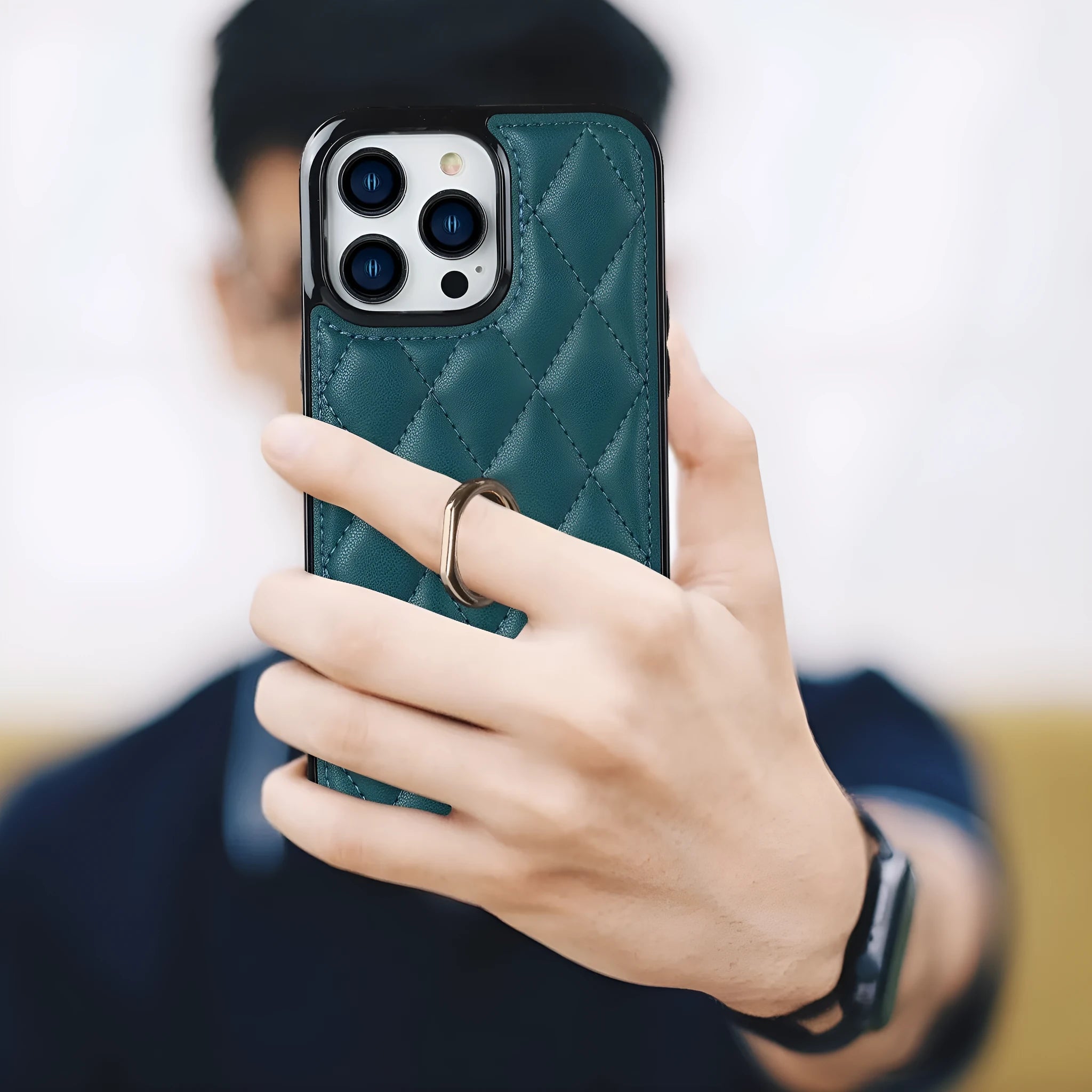 Flip leather phone case with ring bracket, card slot, and magnetic suction in black for Apple iPhone