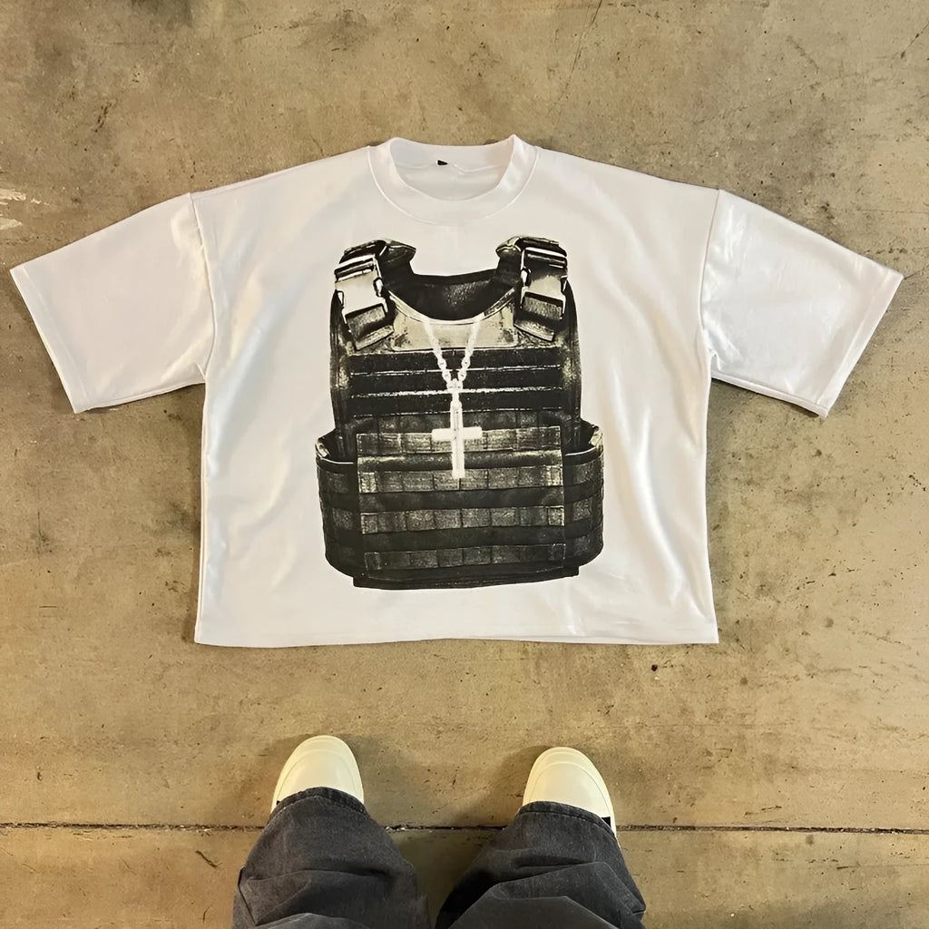 Printed cotton retro street style short sleeve T-shirt with drop-shoulder sleeves in a contrast colour.