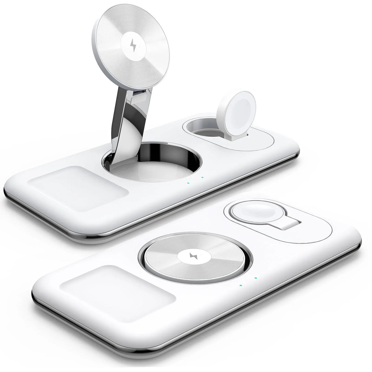 Folding magnetic wireless charger desktop bracket in white with Type-C cable for phone, headphones, and watch