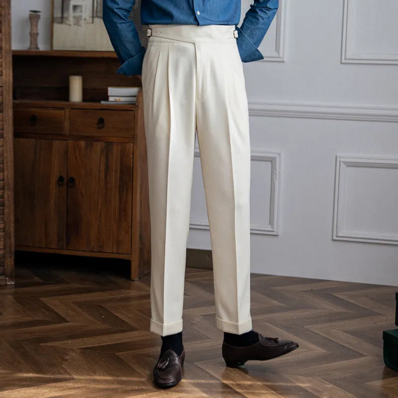 Men's high waist straight-leg casual trousers in polyester fabric available in multiple colours