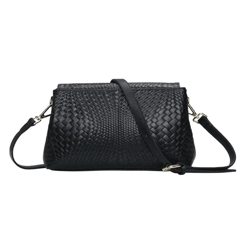 Genuine leather woven crossbody bag black first layer cowhide embossed finish horizontal square shape single shoulder strap