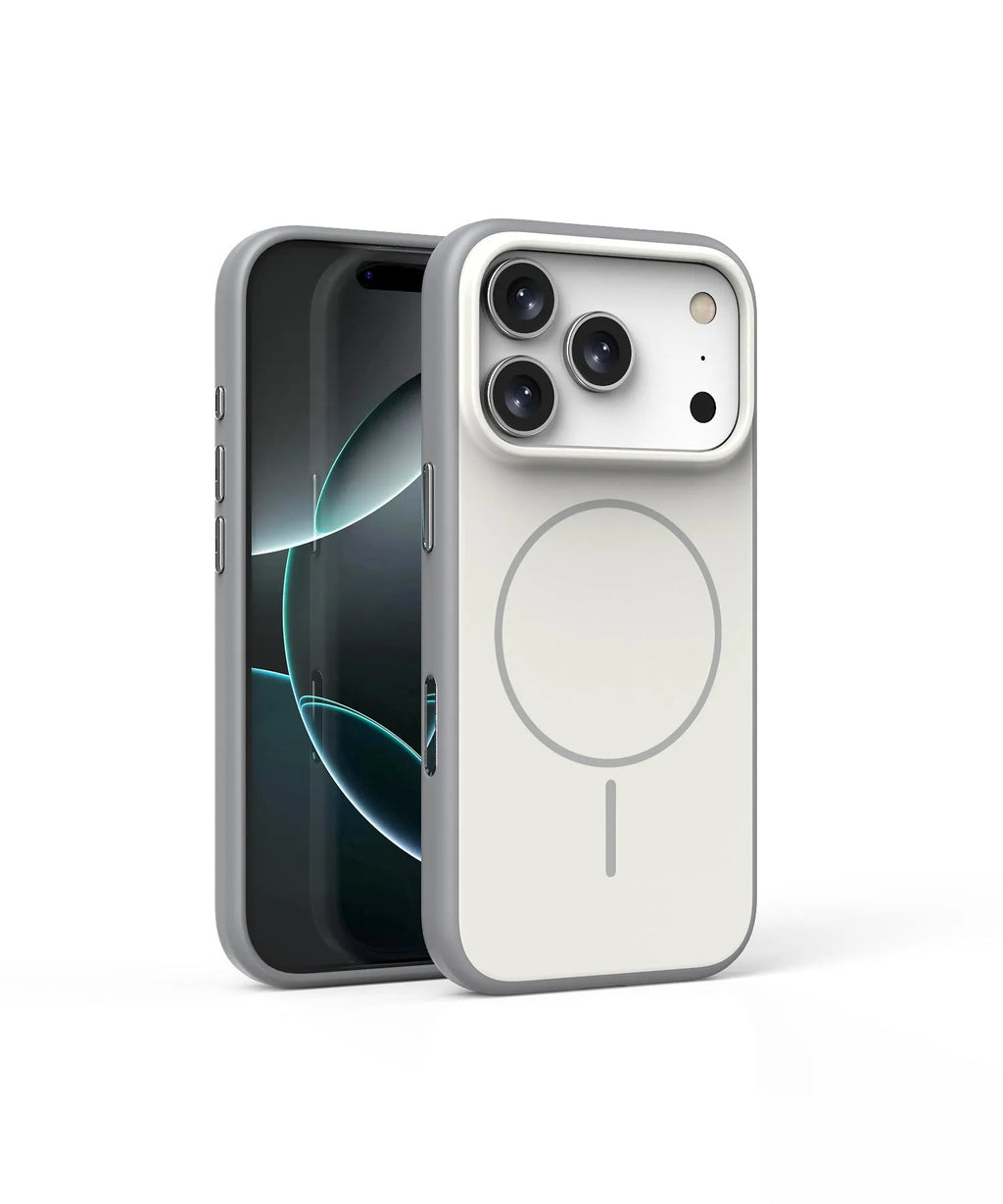 Magnetic frosted iPhone case with AI camera button in blue, shown from the side.