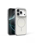 Magnetic frosted iPhone case with AI camera button in blue, shown from the side.