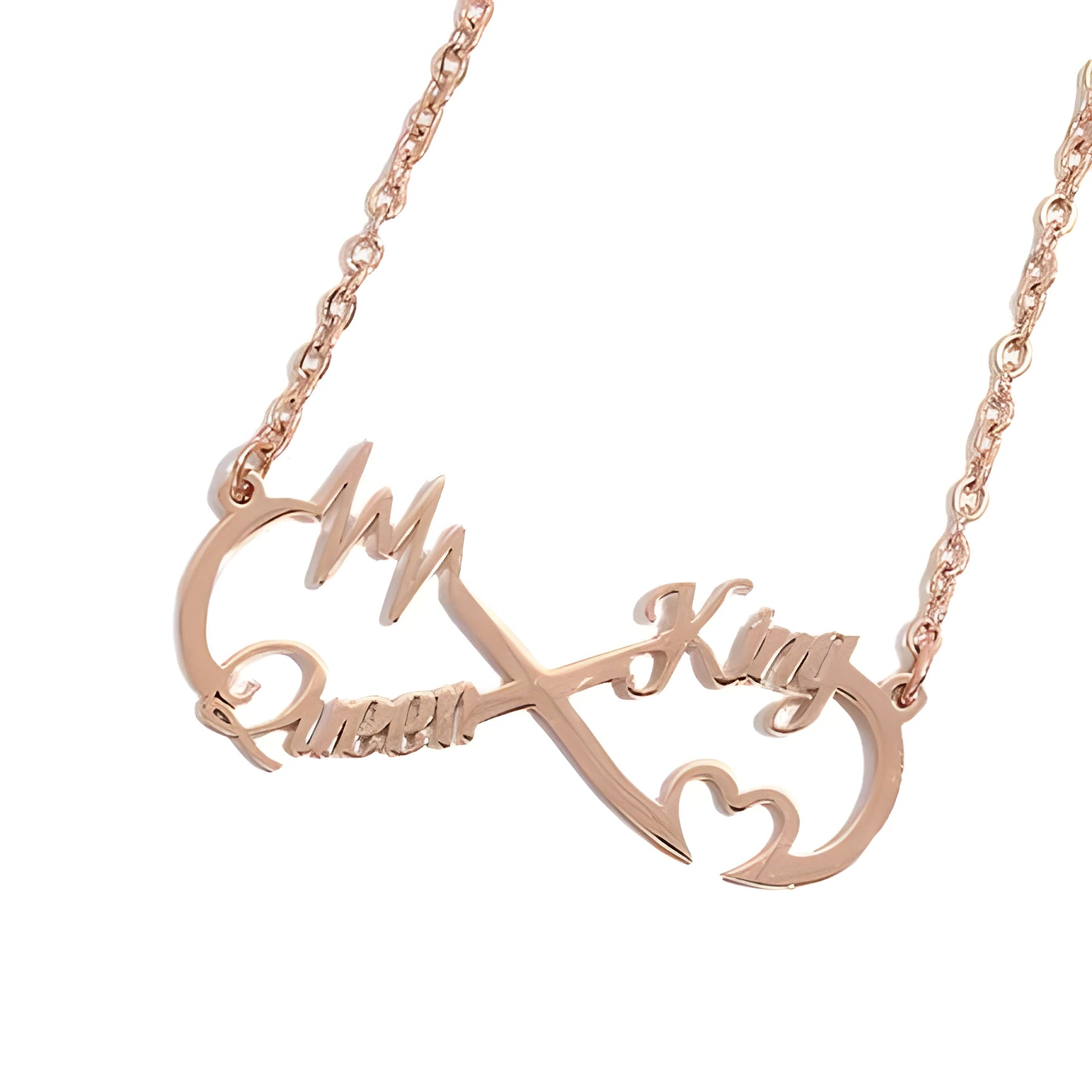 Custom infinity pendant name necklace in gold stainless steel with engraved names
