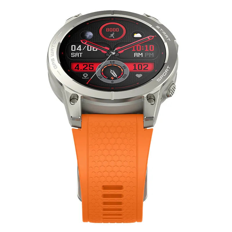 S53 Outdoor GPS Sports Call Smart Watch in black or orange with 1.43-inch touchscreen display
