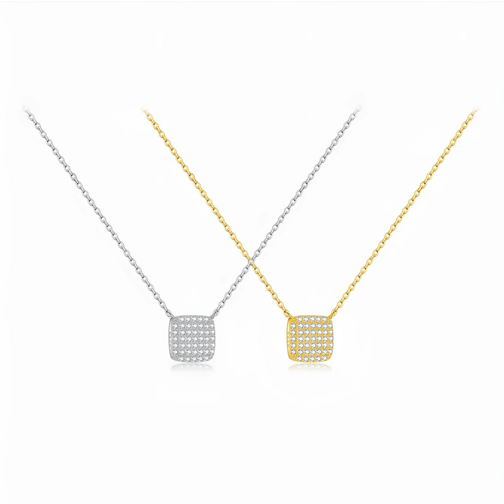 S925 sterling silver square stone full pave pendant necklace on regular chain with platinum or gold finish