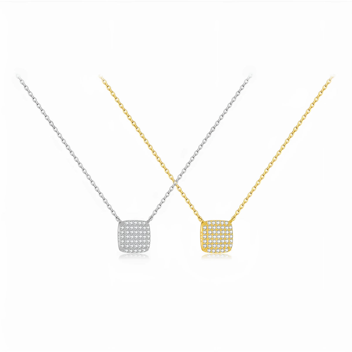 S925 sterling silver square stone full pave pendant necklace on regular chain with platinum or gold finish