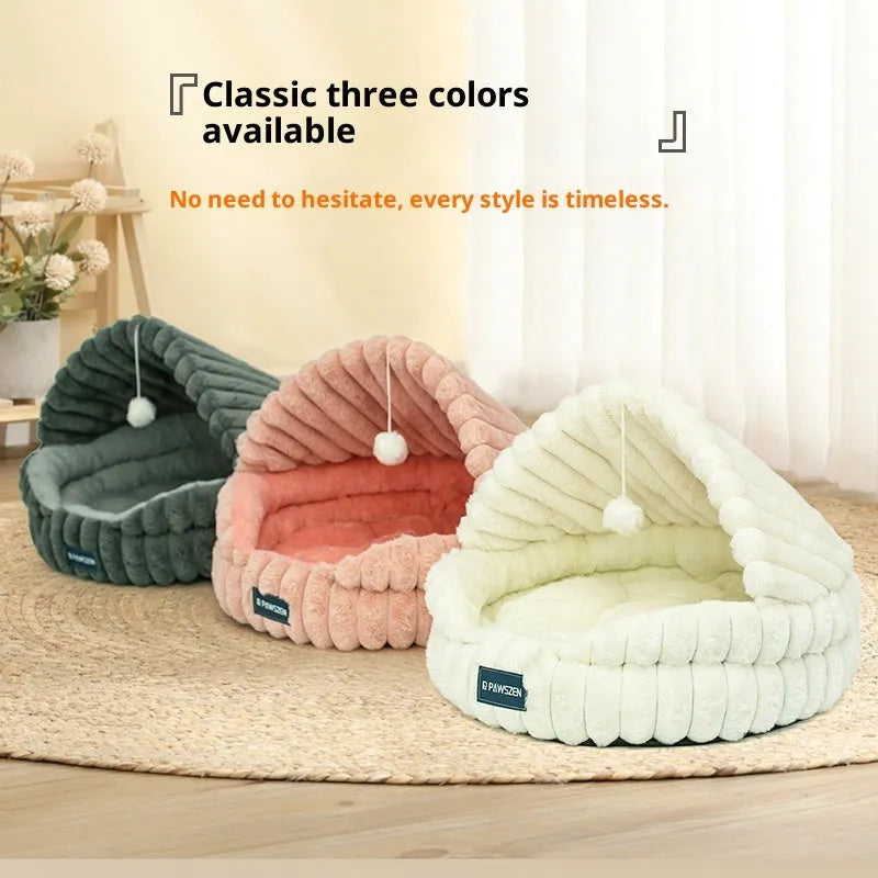 Large grey cloth cat nest with shell design, 50cm diameter, for indoor use
