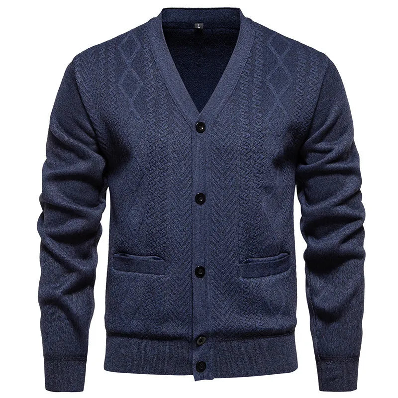 Men's striped cardigan sweater with wool lining in brown colour showing button front and long sleeves