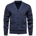 Men's striped cardigan sweater with wool lining in brown colour showing button front and long sleeves