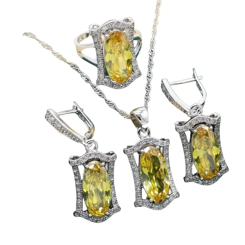 Women's anti-allergy zircon jewellery set with snake bone chain necklace, earrings, ring and bracelet in yellow colour