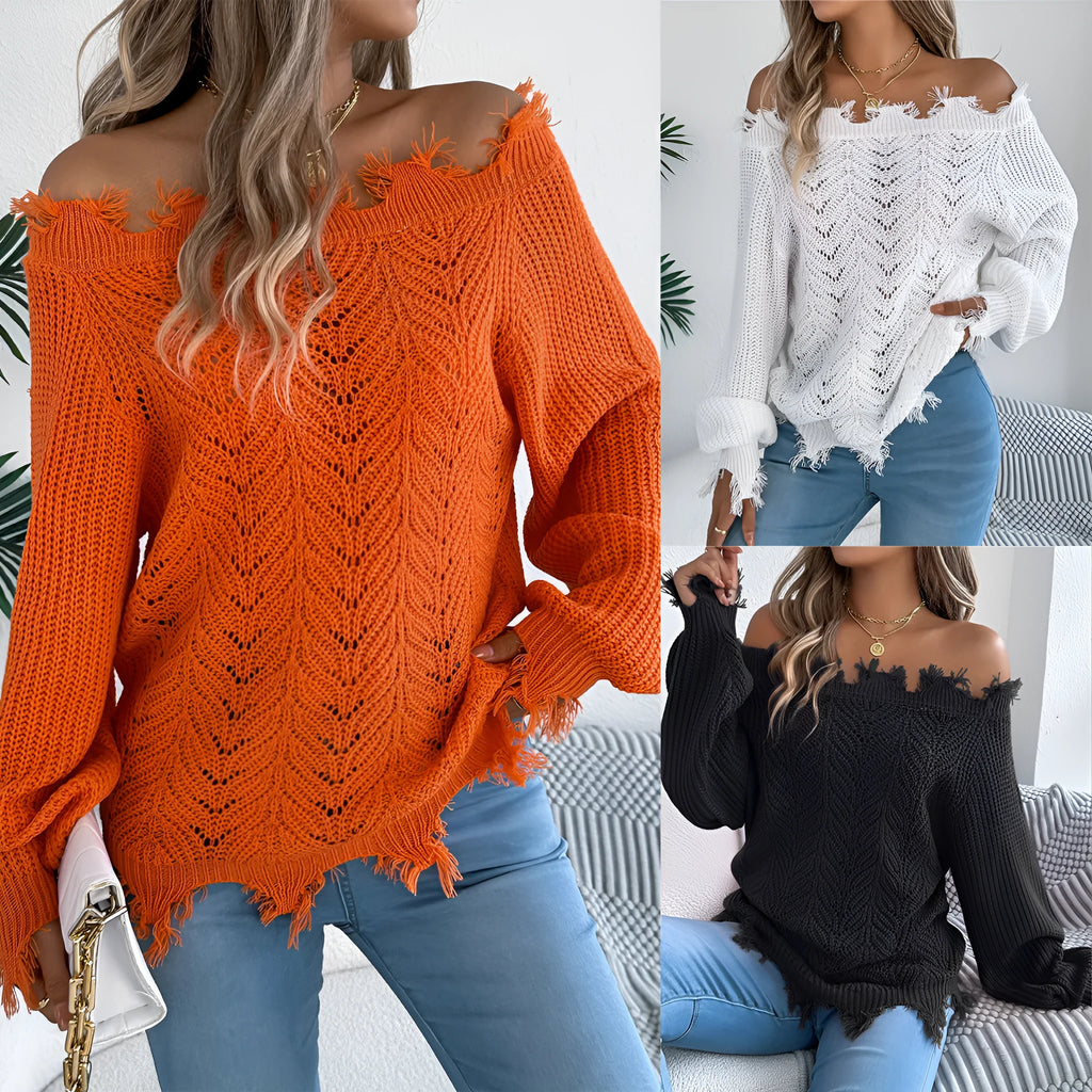 Hollow-out off-shoulder pullover sweater in artificial wool fabric, shown in black colour