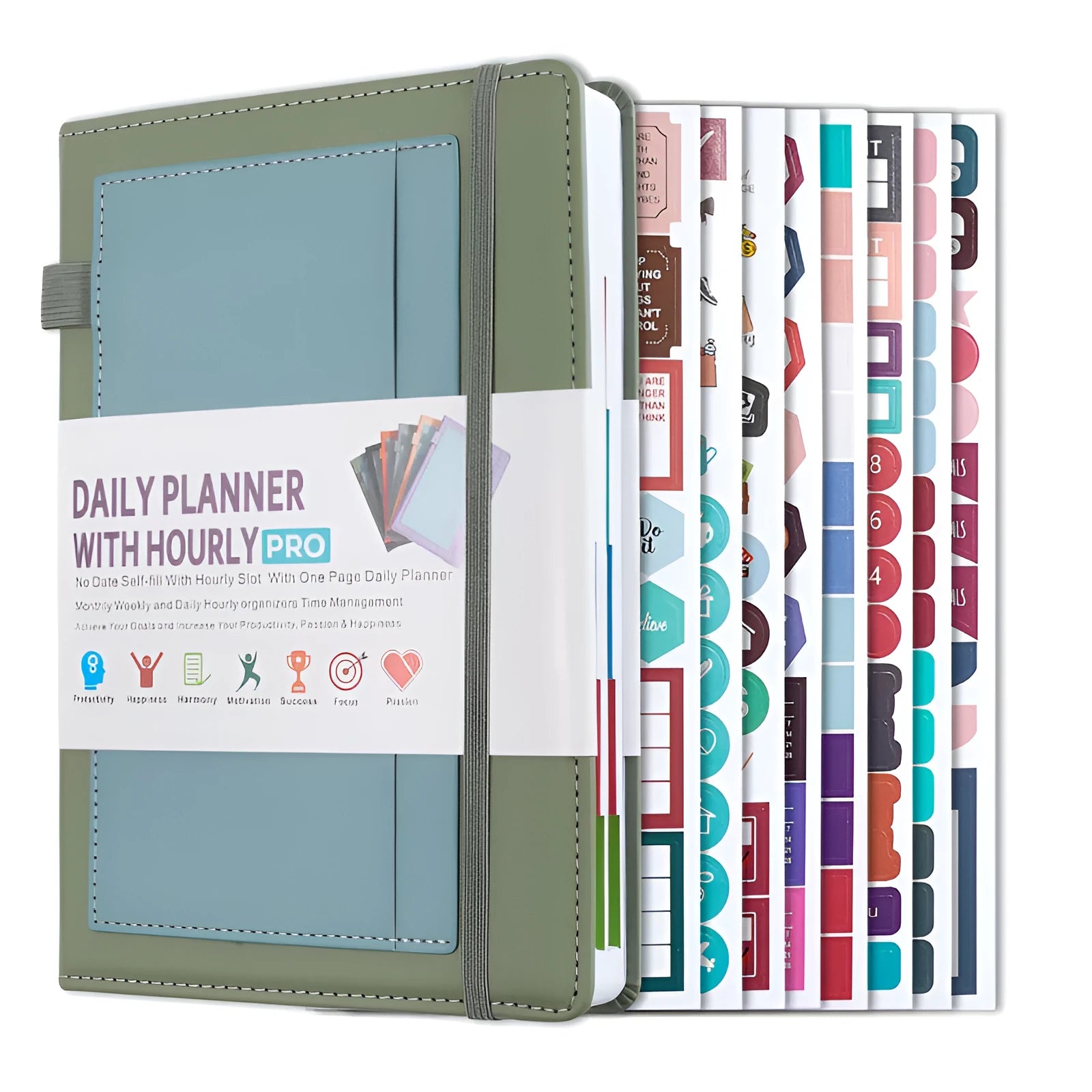 Undated notebook with PU cover in various colours, open to show 80g wood-free paper and thread binding.