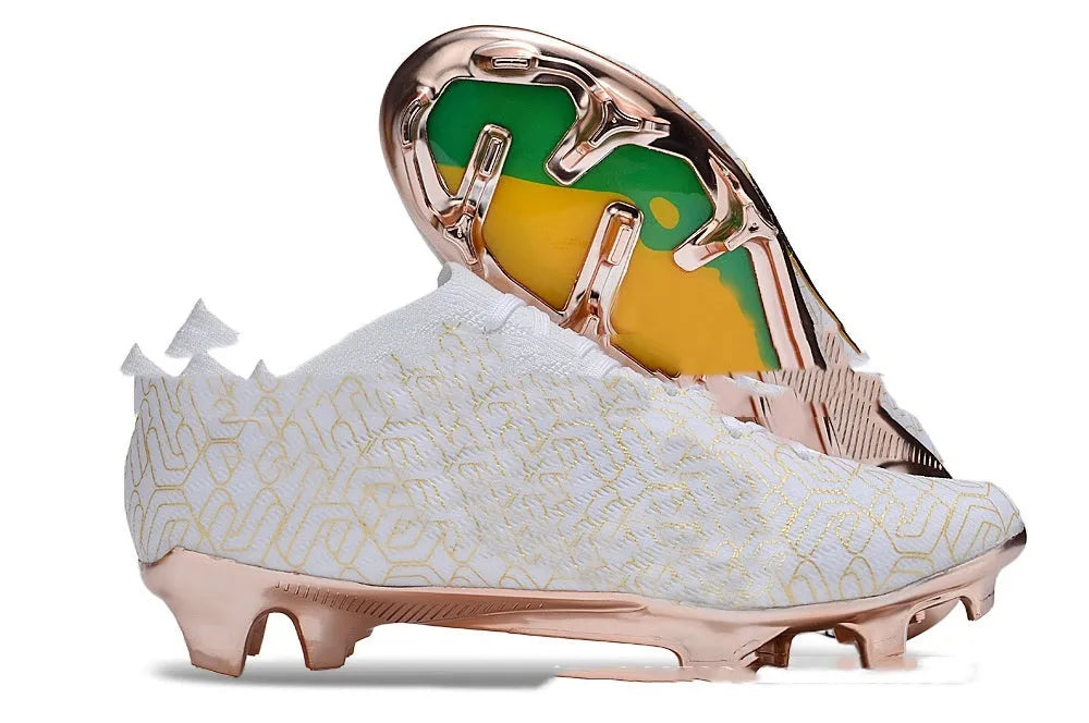 Men's low-top football shoes with knitted upper, rubber outsole with FG studs, shown in a front lace-up style.